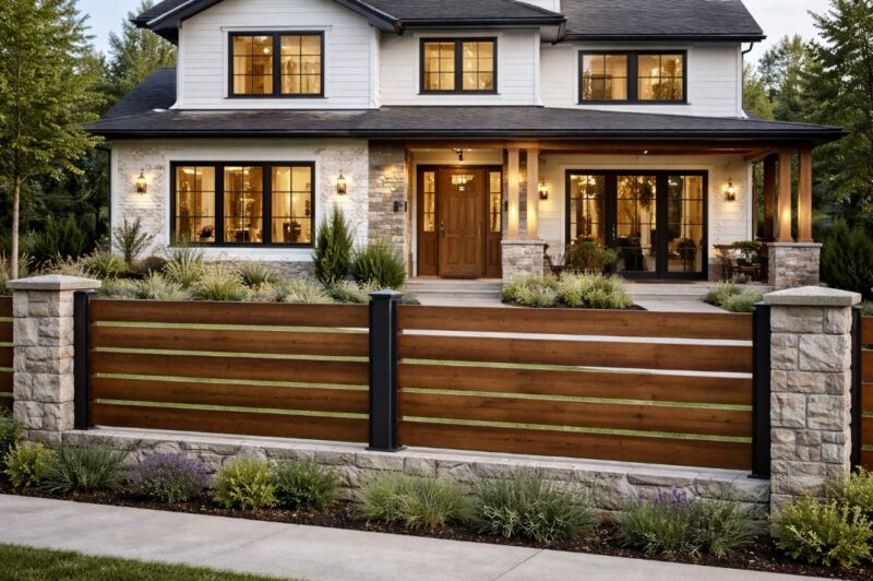 Drvena ograda sa horizontalnim daskama ispred kuće u modernom farmhouse stilu sa kamenom fasadom i velikim prozorima