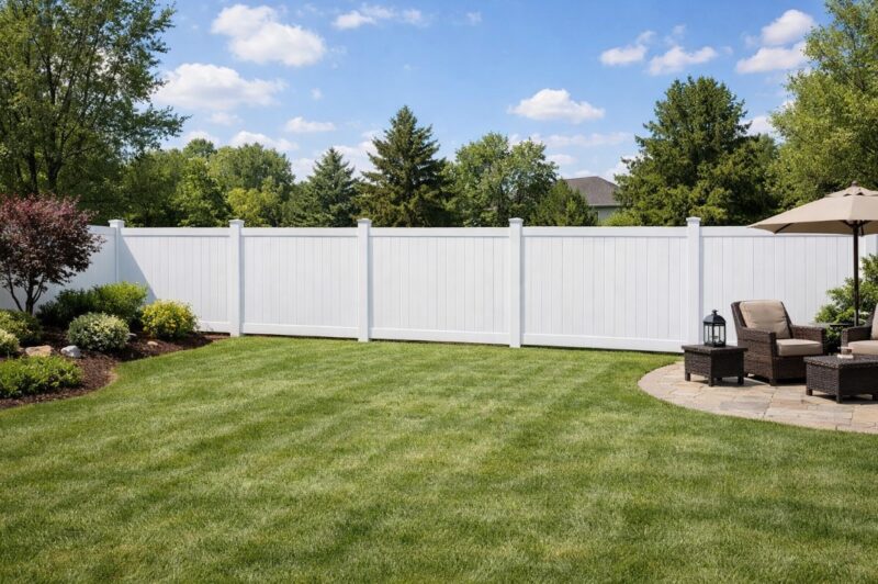 Bela PVC ograda postavljena oko velikog dvorišta sa uređenim travnjakom, ukrasnim biljem i malim popločanim delom za sedenje